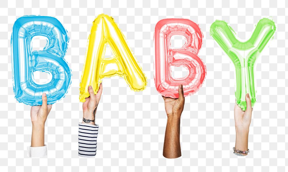 Baby word png, hands holding balloon typography, transparent background