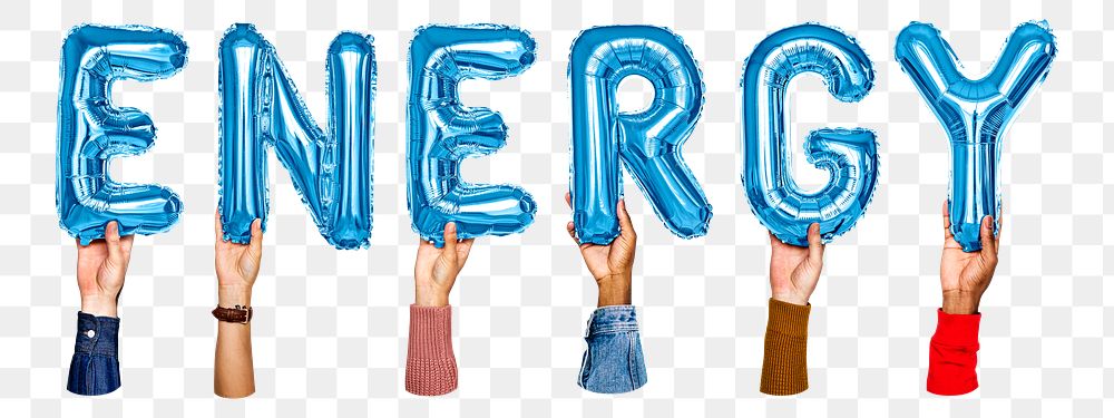Energy word png, hands holding balloon typography, transparent background