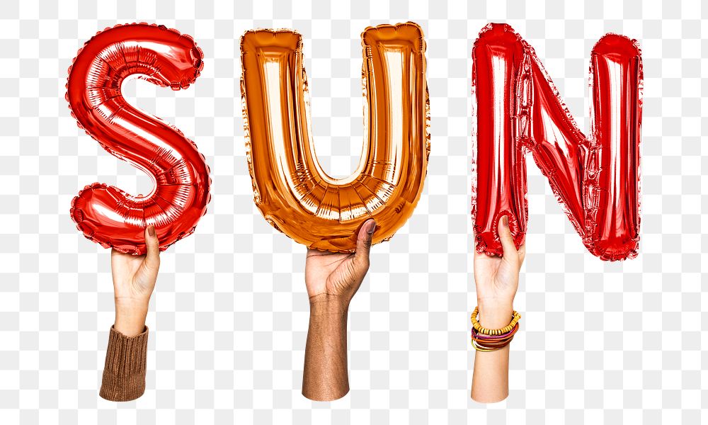 Sun word png, hands holding balloon typography, transparent background