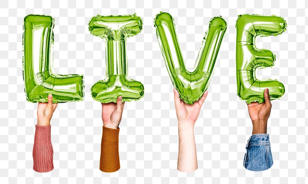 Live word png, hands holding balloon typography, transparent background