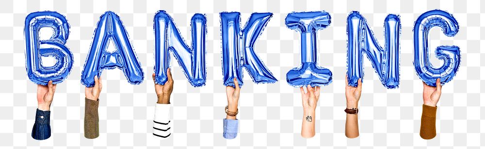 Banking word png, hands holding balloon typography, transparent background