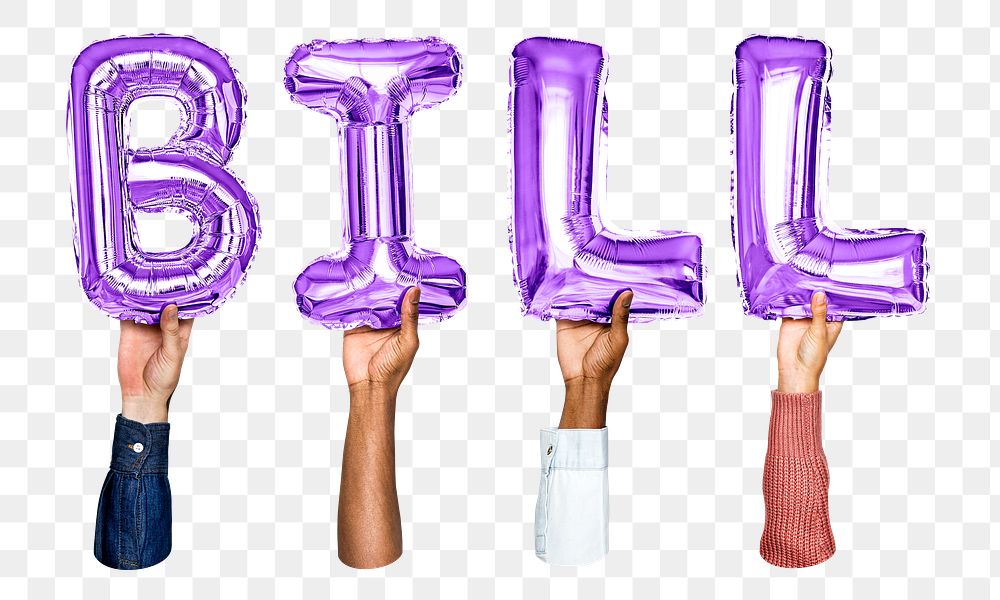 Bill word png, hands holding balloon typography, transparent background
