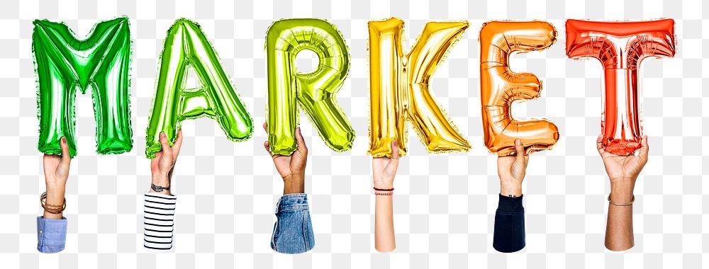 Market word png, hands holding balloon typography, transparent background