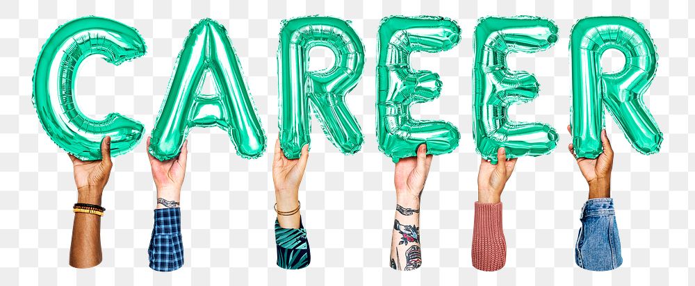Career word png, hands holding balloon typography, transparent background
