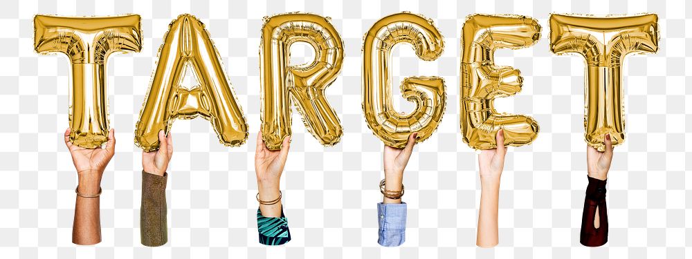 Target word png, hands holding balloon typography, transparent background