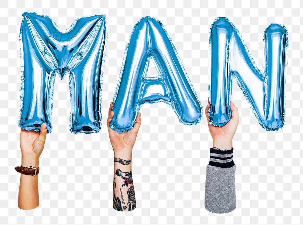 Man word png, hands holding balloon typography, transparent background