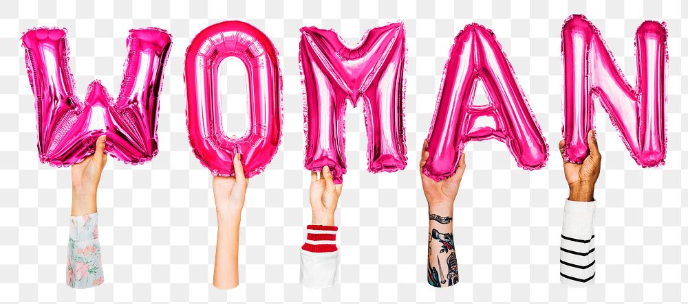 Woman word png, hands holding balloon typography, transparent background