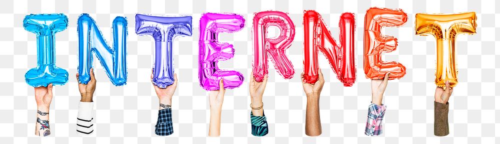 Internet word png, hands holding balloon typography, transparent background