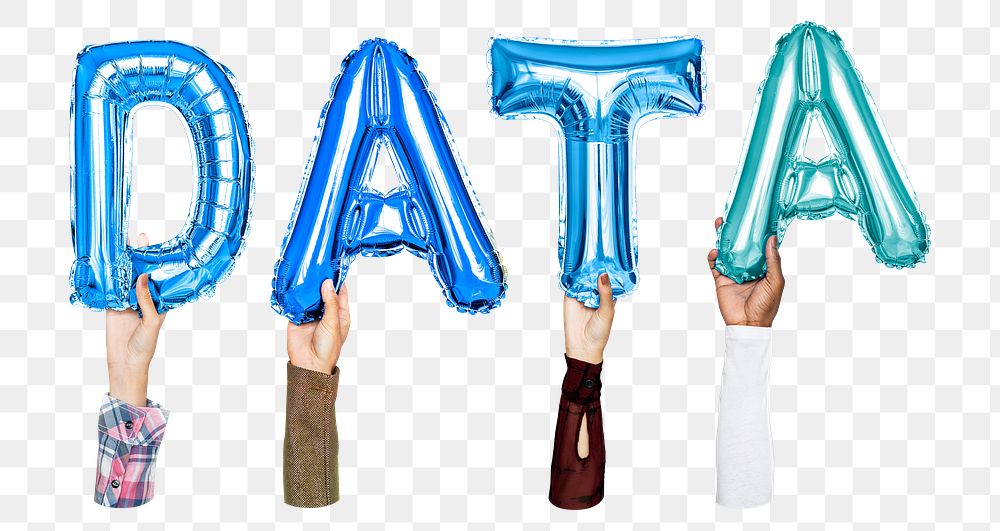 Data word png, hands holding balloon typography, transparent background