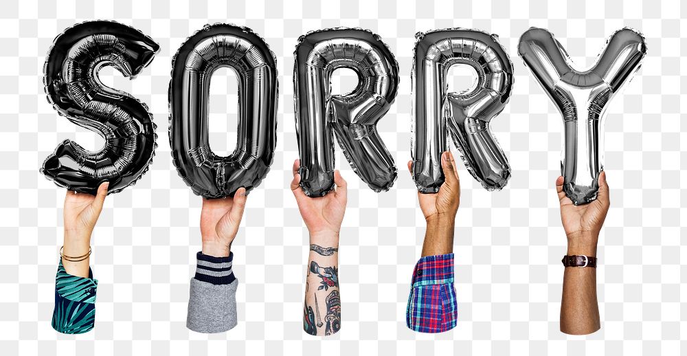 Sorry word png, hands holding balloon typography, transparent background