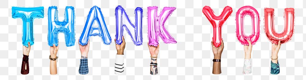 Thank you word png, hands holding balloon typography, transparent background