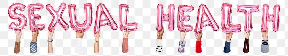 Sexual health word png, hands holding balloon typography, transparent background