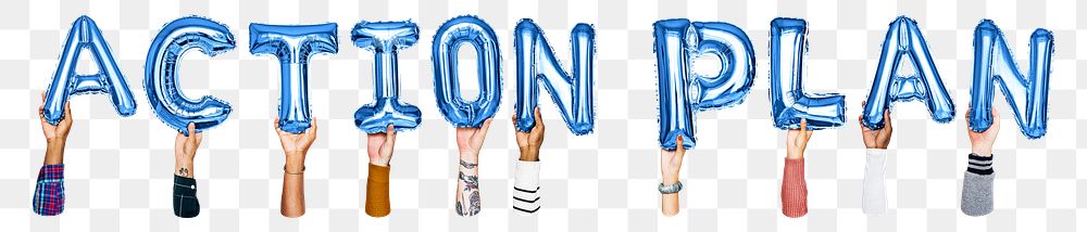 Action plan word png, hands holding balloon typography, transparent background