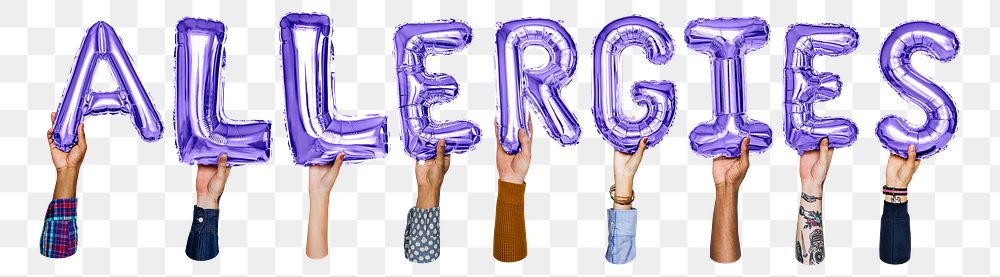 Allergies word png, hands holding balloon typography, transparent background