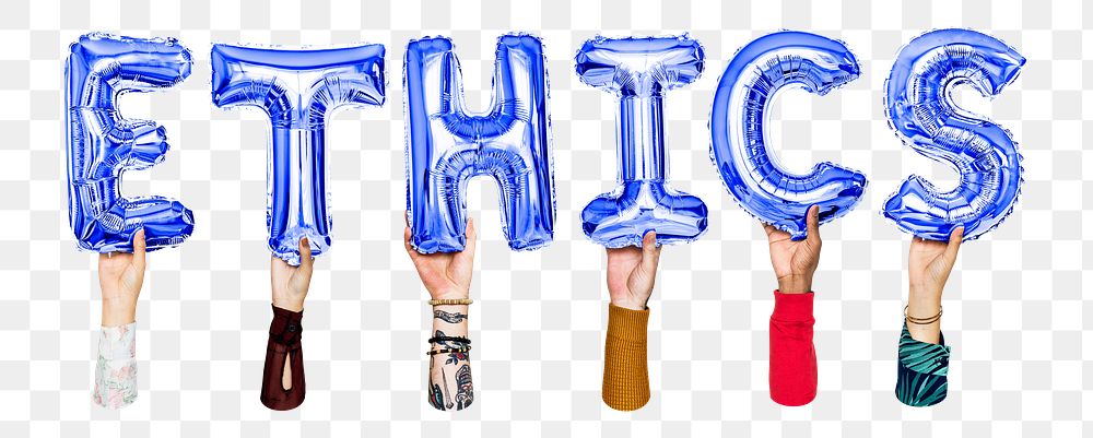 Ethics word png, hands holding balloon typography, transparent background