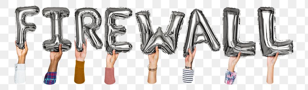 Firewall word png, hands holding balloon typography, transparent background