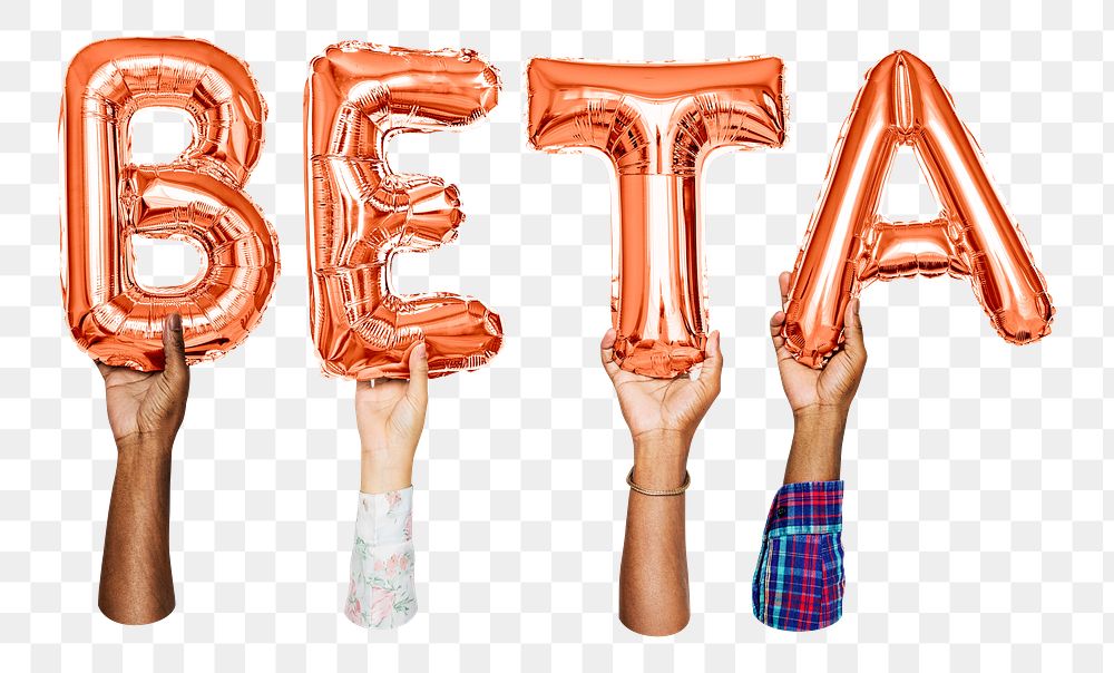 Beta word png, hands holding balloon typography, transparent background