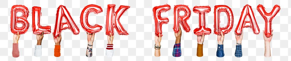 Black Friday word png, hands holding balloon typography, transparent background