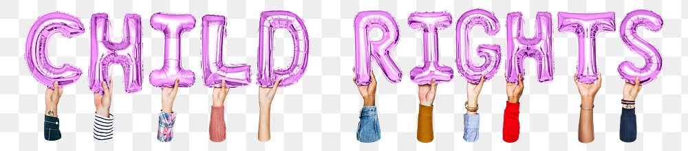 Child rights word png, hands holding balloon typography, transparent background