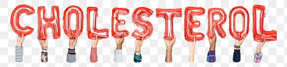 Cholesterol word png, hands holding balloon typography, transparent background