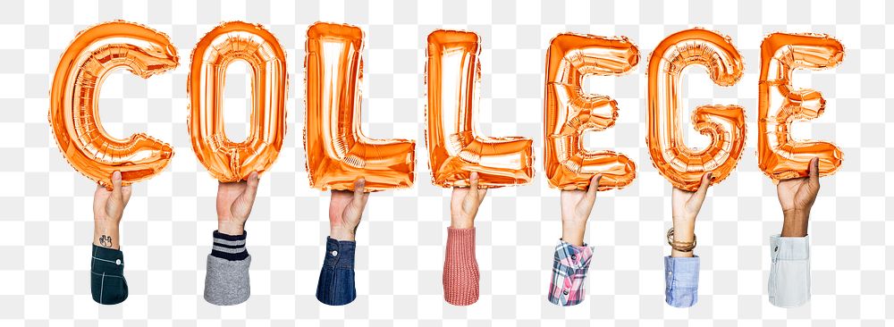 College word png, hands holding balloon typography, transparent background