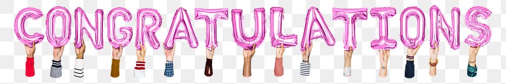 Congratulations word png, hands holding balloon typography, transparent background