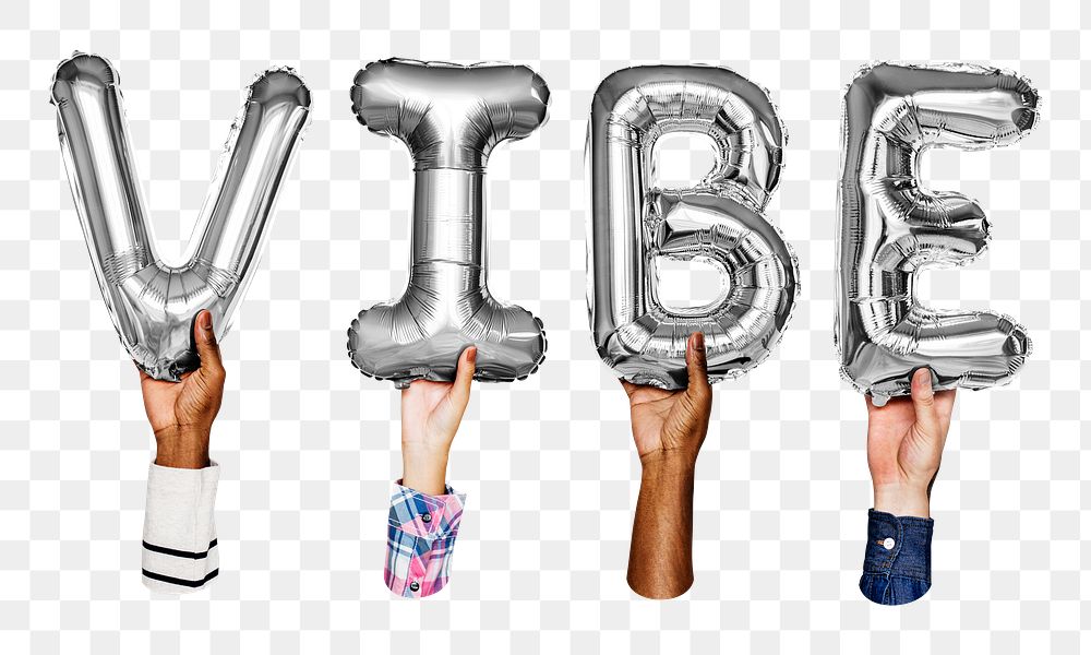 Vibe word png, hands holding balloon typography, transparent background