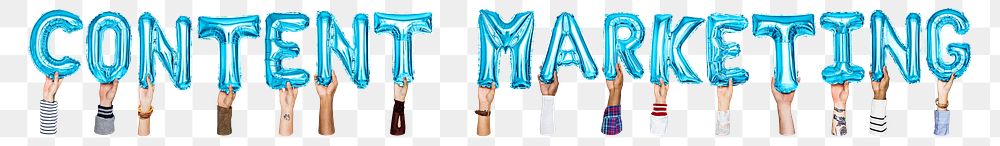 Content marketing word png, hands holding balloon typography, transparent background