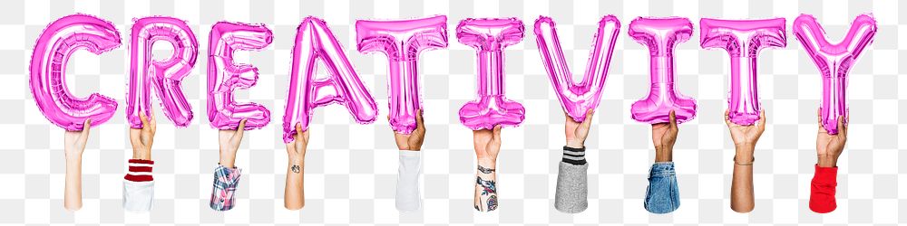 Creativity word png, hands holding balloon typography, transparent background