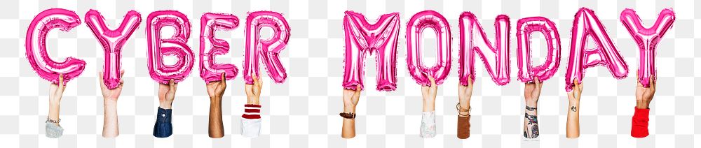 Cyber Monday word png, hands holding balloon typography, transparent background