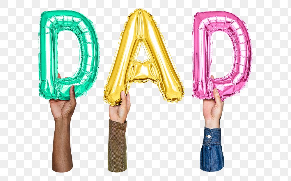Dad word png, hands holding balloon typography, transparent background