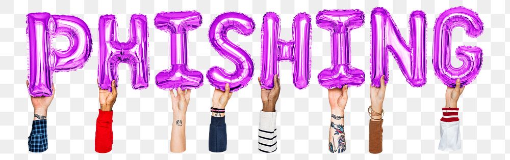 Phishing word png, hands holding balloon typography, transparent background