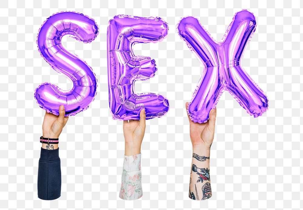 Sex word png, hands holding balloon typography, transparent background