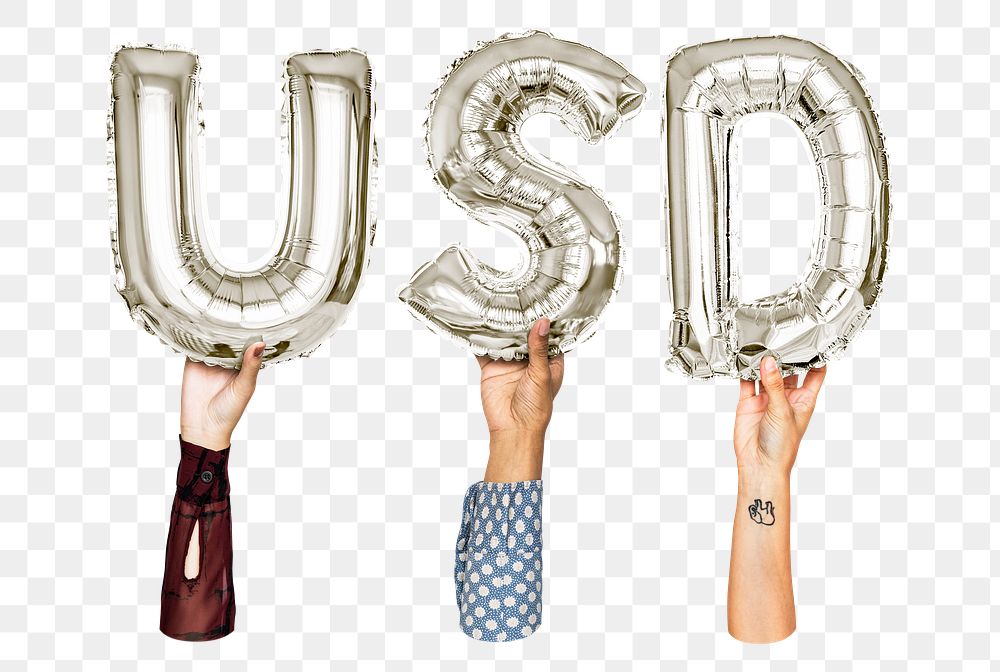 USD word png, hands holding balloon typography, transparent background