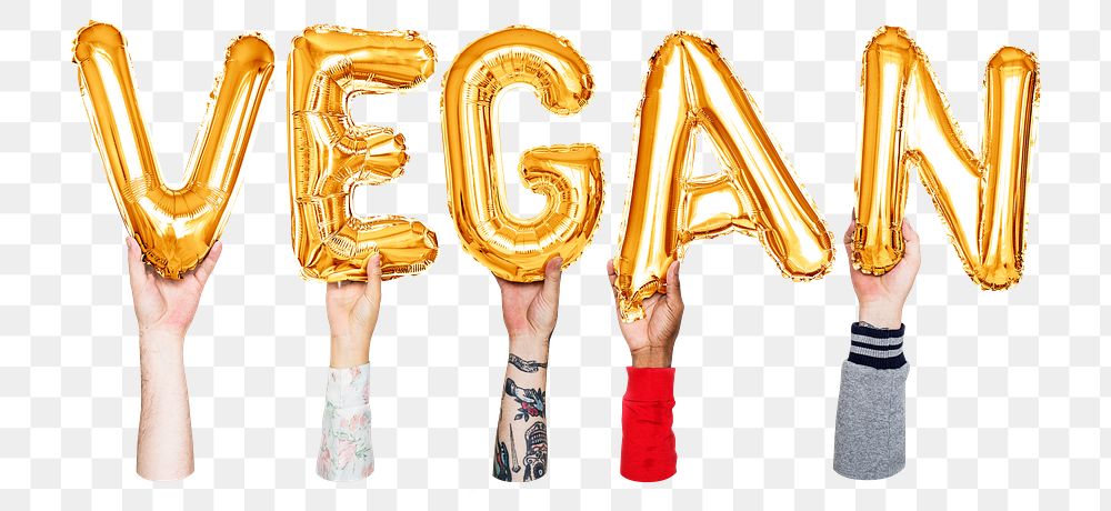 Vegan word png, hands holding balloon typography, transparent background