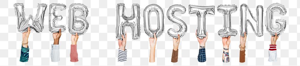 Web hosting word png, hands holding balloon typography, transparent background