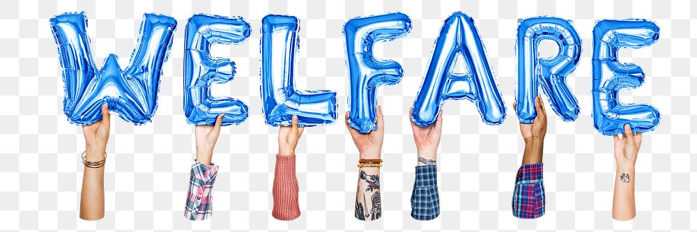 Welfare word png, hands holding balloon typography, transparent background