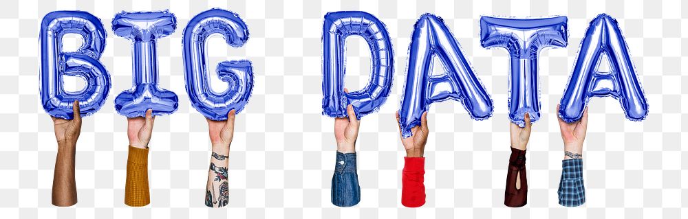 Big data word png, hands holding balloon typography, transparent background