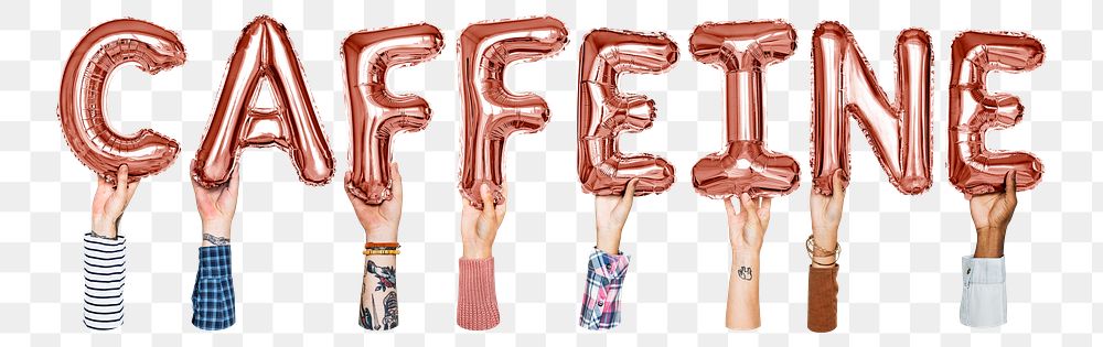 Caffeine word png, hands holding balloon typography, transparent background