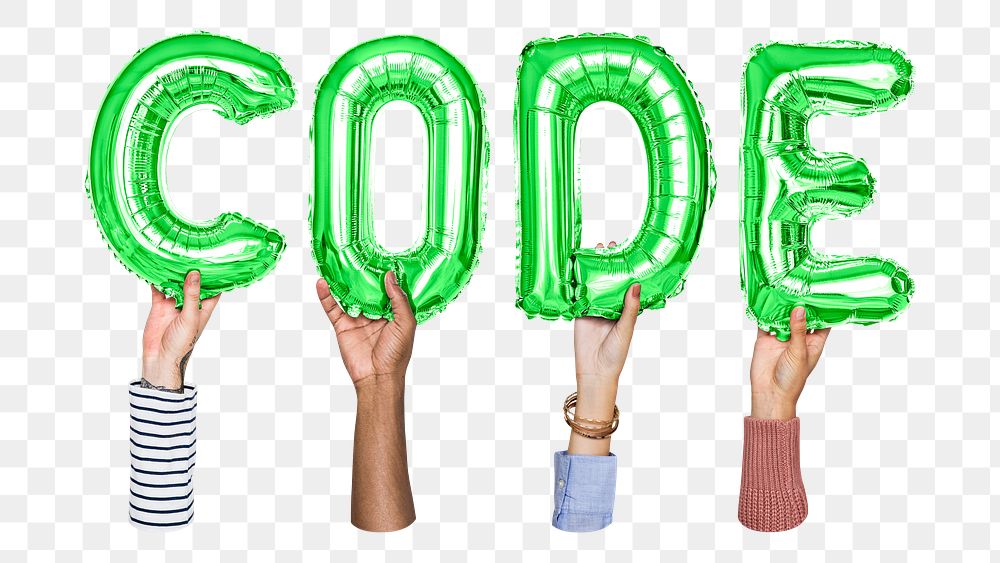 Code word png, hands holding balloon typography, transparent background