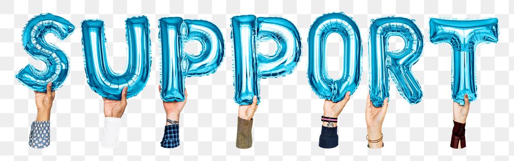 Support word png, hands holding balloon typography, transparent background