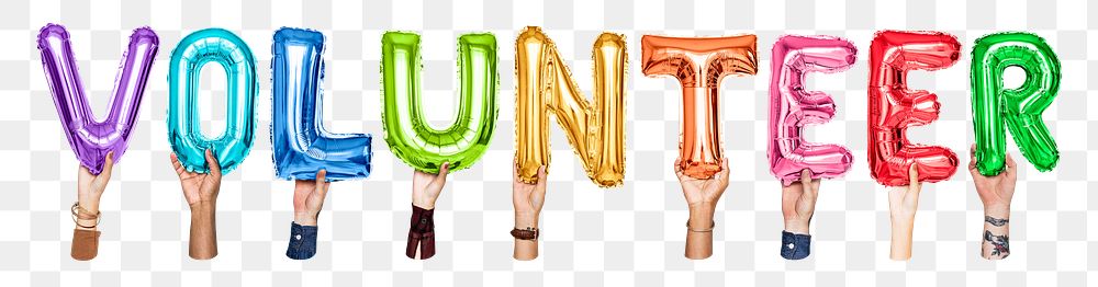 Volunteer word png, hands holding balloon typography, transparent background