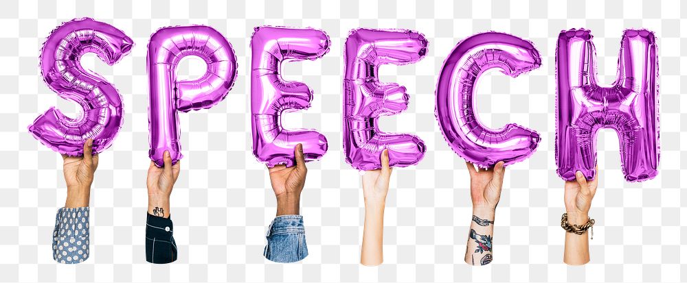 Speech word png, hands holding balloon typography, transparent background