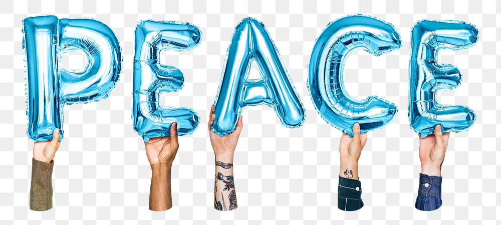 Peace word png, hands holding balloon typography, transparent background