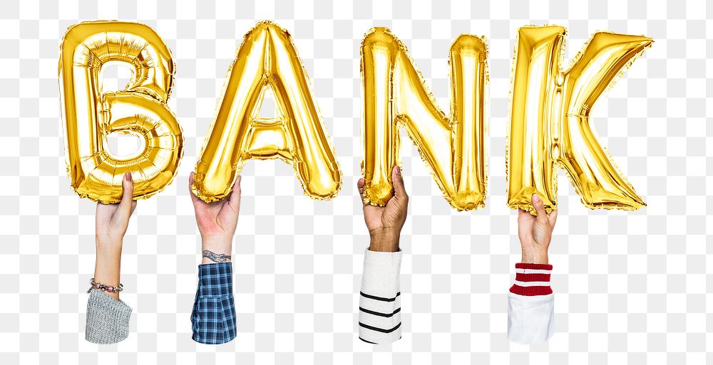 Bank word png, hands holding balloon typography, transparent background