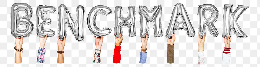 Benchmark word png, hands holding balloon typography, transparent background
