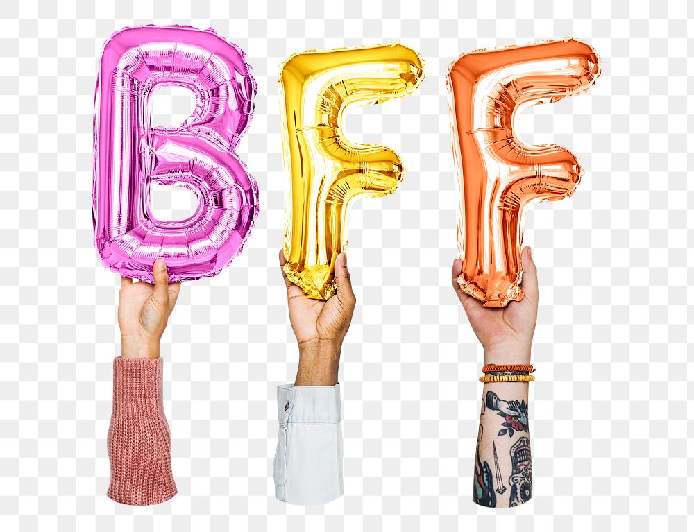 BFF word png, hands holding balloon typography, transparent background