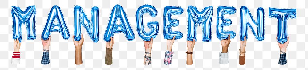 Management word png, hands holding balloon typography, transparent background