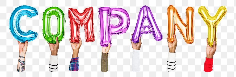 Company word png, hands holding balloon typography, transparent background