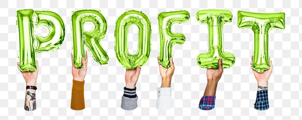Profit word png, hands holding balloon typography, transparent background
